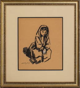 M.G. Signed "Seated Woman" Ink & Gouache on Paper. (1 of 8)