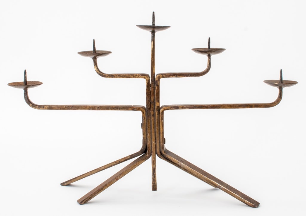 Industrial Style Five Branch Candelabra: Industrial Style Five Branch Steel Candelabra, raised on four legs, circa twentieth century. 11" H x 16.5" W x 5" D. Provenance: From a Manhattan collector. Keywords: Lighting, Candlestick holder, Pri