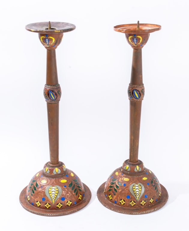 Secessionist Enamel Cooper Candle Prickets, Pair: Pair of Secessionist Engraved Enamel Copper Candlesticks, early twentieth century or earlier. 20.5" H x 8.75" Diameter. Provenance: From a Manhattan collector. Keywords: Lighting, Candlestick holders,