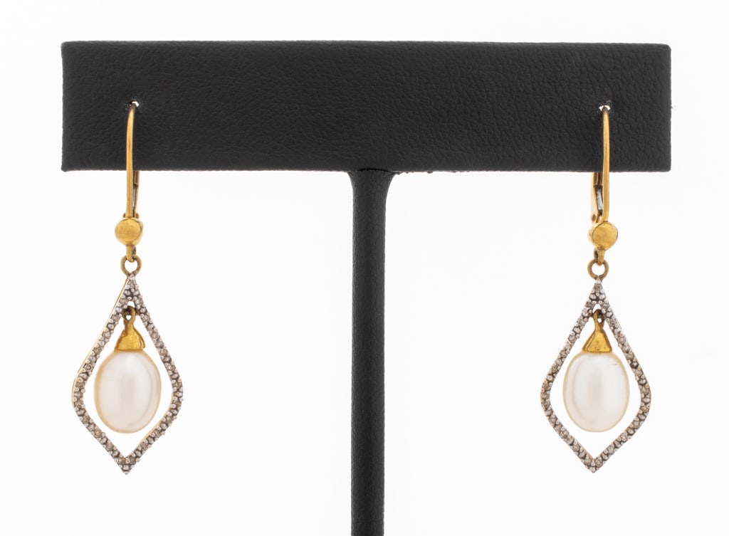14K Yellow Gold Pearl & Diamond Drop Earrings: 14K Yellow Gold Pearl and Diamond Drop Earrings, brightly polished, featuring two cultured freshwater pearls, approx. 10 x 6 mm each, linked to frames adorned with a total of 46 single cut diamonds, w