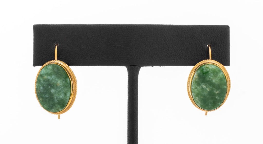 14K Yellow Gold Oval Green Agate Earrings (1 of 6)