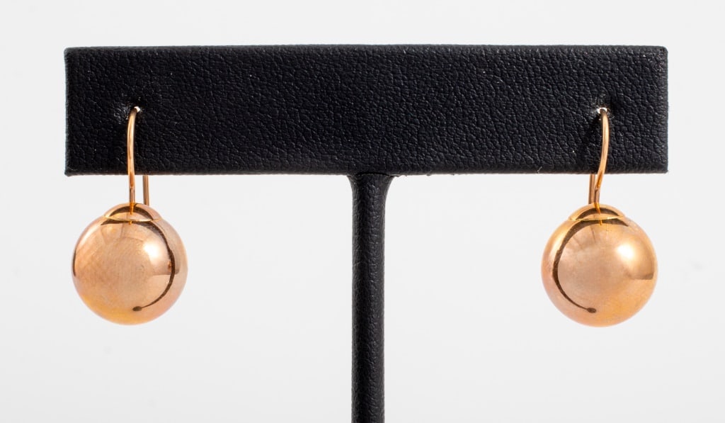 14K Rose Gold French Wire Ball Earrings: 14K Rose Gold French Eire Ball Earrings, marked: "14K EG". 0.875" L x 0.5" W. Approx: 1.1 dwt. Keywords: Jewelry, Fashion, Accessories