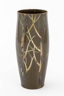 French Art Deco Dinanderie Mixed Metal Vase: French Art Deco Dinanderie Mixed Metal Vase, silver branches on enameled bronze ground, apparently unsigned. 10" H x 4.5" Diameter. Provenance: From a Manhattan collector. Keywords: Art Nouveau influe