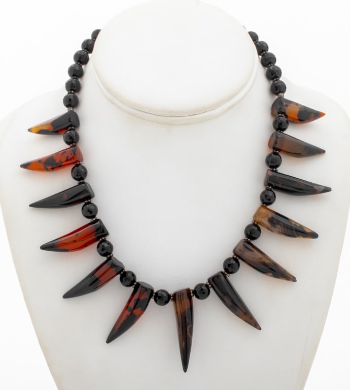 Agate & Onyx Sterling Silver Beaded Necklace: Agate and Onyx Sterling Silver Beaded Necklace, strung on black silk cord, featuring spike shaped agate beads, faceted round black onyx beads and sterling silver rondelles, joined with "s" hook and ey