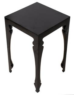 Reeves Baroque Revival Black Lacquered End Table: Reeves Design Baroque Revival black lacquered square end table raised on tapered legs, "Reeves Design" plate to underside. 21.5" H x 13.75" W x 13.75" D. Provenance: Property from an 11th Avenue duple