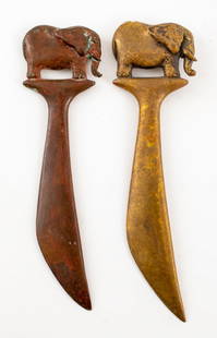 Louis Mendez Gilt Bronze Letter Openers, 2: Two Modern Gilt Bronze Letter Openers by Louis Mendez (American, 1929-2012), with elephant form handles, one dated "'80" and signed "Mendez" to top of blade. Each: 6.75" L x 2" W. Provenance: Property