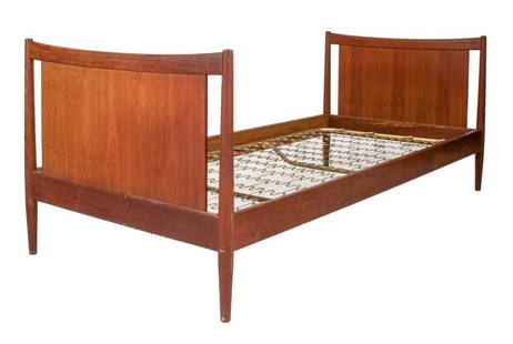 Danish Mid-Century Modern Teak Day Bed: Peter Hvidt (Danish, 1916-1986) and Orla Molgaard-Nielsen (Danish, 1907-1993) for Soborg Mobler Mid-Century Modern Teak Single Bed, 1960s, apparently unmarked, rectangular the headboard and footboard