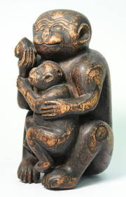 Carved Wood Monkey, Infant & Peach Sculpture (1 of 4)