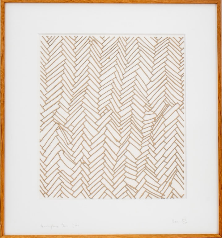 Rachel Whiteread "Herringbone Floor" Engraving: Dame Rachel Whiteread DBE (English, b. 1963), "Herringbone Floor", Relief Engraving, 2001, signed in pencil "RW" and numbered edition "103/450" lower right, dated and titled lower left. Image: 14" H x
