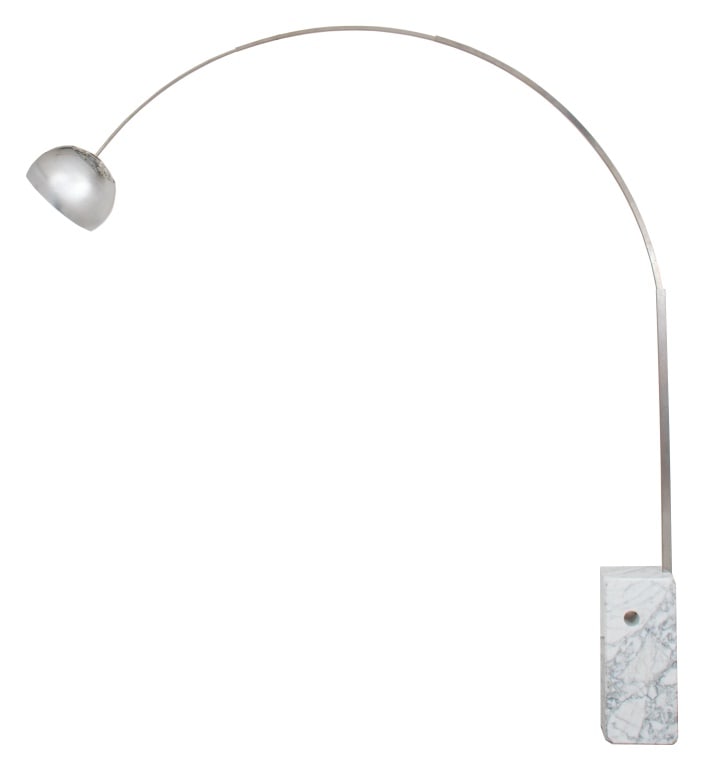 Castiglioni for Flos "Arco" Marble Base Floor Lamp: Achille Castiglioni (1918-2002) and Pier Giacomo Castiglioni (1913-1968) for Flos, Milan "Arco" Floor Lamp, 1962, white marble base, arched steel arm, and globe lampshade, labeled to reverse of base a