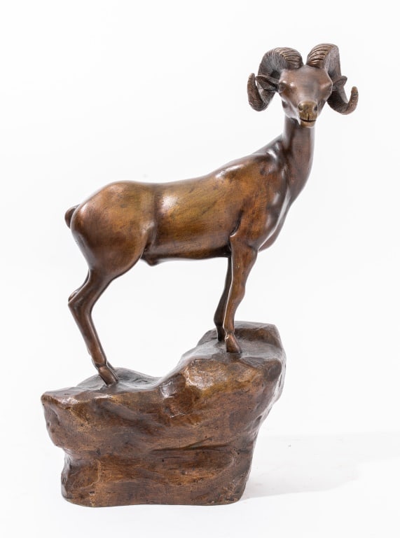 Victor Salmones "The Ram" Bronze Sculpture: Victor Salmones (Mexican, 1937-1989), "The Ram", Bronze Sculpture, depicting a male sheep standing on a rocky outcropping, marked "B 12 / 11" and signed. 13" H x 7" W x 4" D. Keywords: Statue, Animali