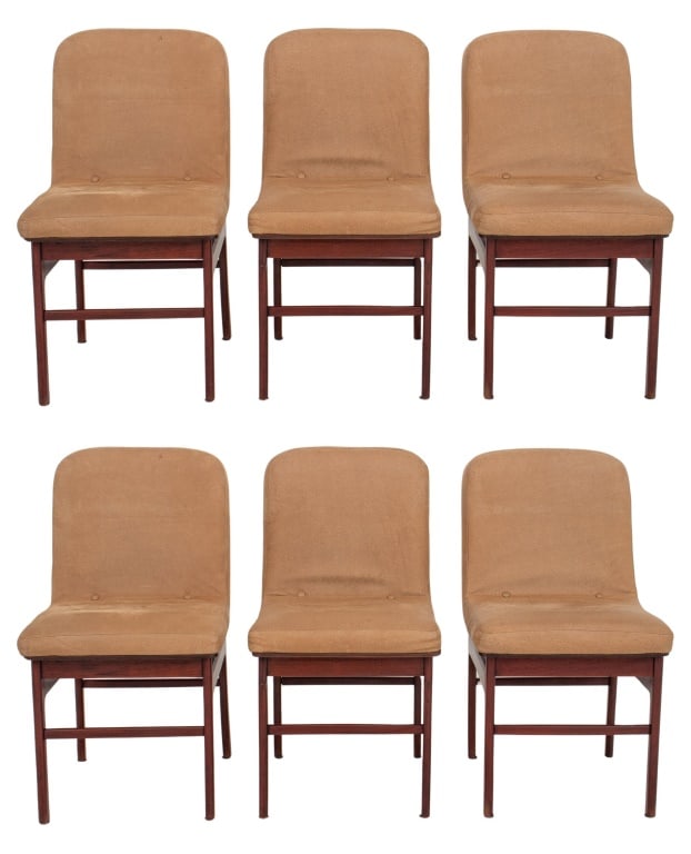 Zalszupin Attr. Brazilian Modern Dining Chairs, 6: Jorge Zalszupin (Polish/Brazilian, 1922-2020) Attributed Brazilian Modern Jacaranda Upholstered Dining Chairs, 1960s, set of six. Each: 32.5" H x 18" W x 21" D; seat: 18" H. Provenance: Property from