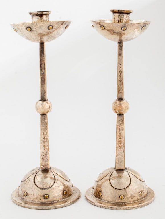 Olbrich Attr. WMF Art Nouveau Candlesticks, Pr: Josef Maria Olbrich (Austrian, 1867-1908) Attributed Pair of WMF Art Nouveau Silver Plate Candlesticks with domed bases, each struck with marks for "Wurttembergische Metallwarenfabrik" to underside. 1