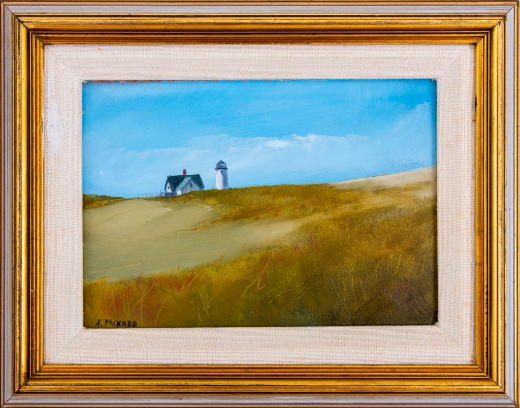 Anne Packard "Silent Patrol" Oil on Board: Anne Packard (American, b. 1933), "Silent Patrol", Oil on Board, signed "A. Packard" lower left, titled in pencil to verso, gilt wood frame. Image: 4.5" H x 6.5" W; frame: 7.5" H x 9.5" W. Provenance: