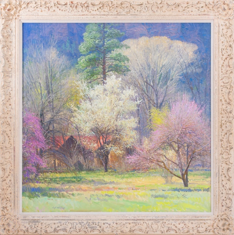 Curt Walters "Homestead Herald" Oil on Canvas: Curt Walters (American, b. 1950), "Homestead Herald", Oil on Canvas, depicting a springtime landscape scene with flowering trees and a red roofed house, signed lower left, painted wood frame carved wi