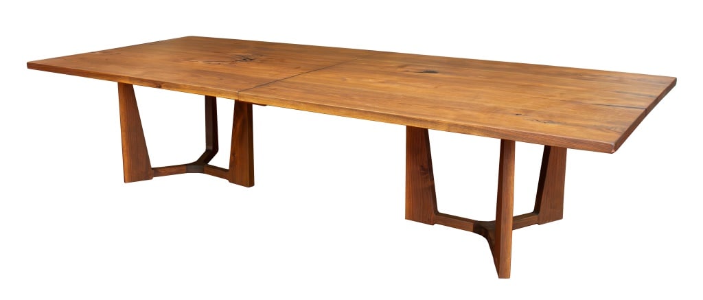 Holly Hunt 'Trice' Walnut Pedestal Dining Table: Holly Hunt 'Trice' Modern Reclaimed Walnut Twin Pedestal Dining Table by Living Wood Design, the divided rectangular top above two tripodal pedestal bases. 30" H x 132" L x 54" D. Provenance: From an