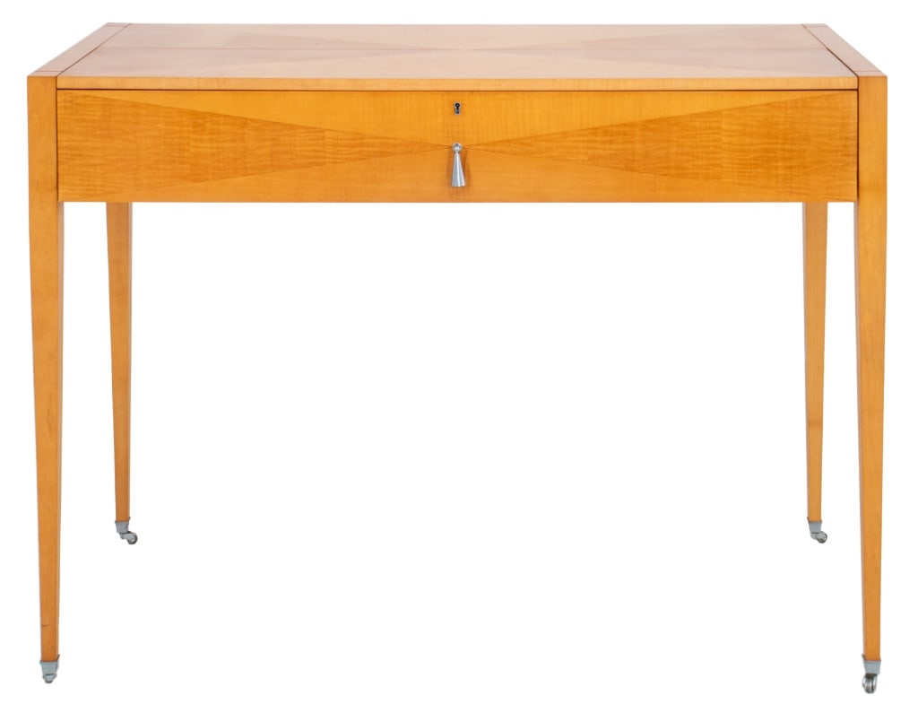 Baker Furniture Parquetry Maple Console Desk: Baker Parquetry Maple Console Desk, 20th century. 36" H x 54: W x 23" D; desk: 29" H. Provenance: From a Midtown private collection. Keywords: Furniture, Modern, Postmodern, Designer, Dakota Jackson s