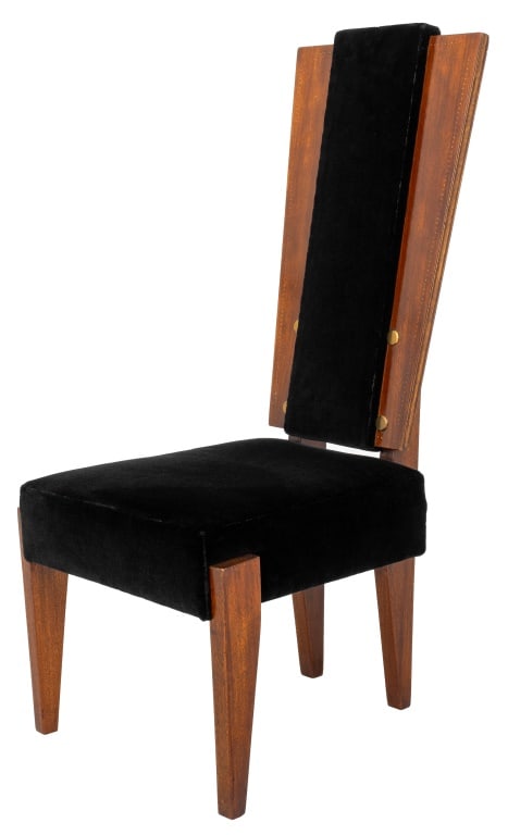 Andre Sornay French Art Deco Side Chair, 1930s: Andre Sornay (French, 1902-2000) French Art Deco Side Chair, circa 1930s, brass inlaid mahogany with black velvet upholstery. 41.5" H x 19.5" W x 20" W; seat: 16.5" H. Provenance: From a Thad Hayes-de