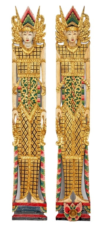 Southeast Asian Oversize Gilt Wall Figures, 2: Southeast Asian Oversized Polychromed and Gilded Wall-hung Figures, likely of Balinese or Javanese origin, depicting female figures in court or dance costume. 69" H x 11.5" W. Provenance: From a 50 Ma