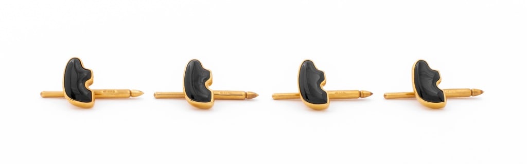 The Golden Bear 14K Black Onyx Shirt Studs: The Golden Bear 14K Black Onyx Shirt Studs, set of 4 studs featuring carved black onyx bears bezel set in 14K yellow gold, worn through shirt button holes with spring back pin findings, marked: "14K B