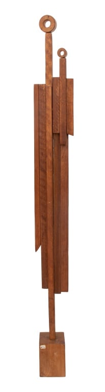 Paula Meizner "Untitled #15" Wood Sculpture: Paula Meizner (American, born Poland, 1904-1990), "Untitled #15", Constructivist Wood Sculpture, resembling two standing figures, mounted on a block base. Overall: 48" H x 5" W x 3.5" D. Provenance: F