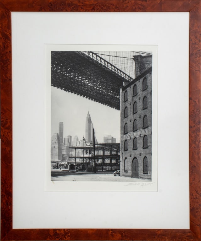 Berenice Abbott "Brooklyn Bridge..." Gelatin Print: Berenice Abbott (American, 1898-1991), "Brooklyn Bridge, Water and Dock Streets", Silver Gelatin Print, from the "Changing New York" series, originally photographed 1936, printed later, signed in penc