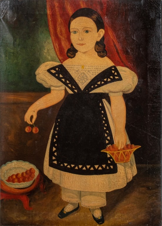American School "Girl with Cherries", 19th C.: American School, "Girl with Cherries", Oil on Canvas, nineteenth century, in the manner of Ammi Phillips (American, 1788-1865), depicting the young figure with a basket and cherries before a red curta