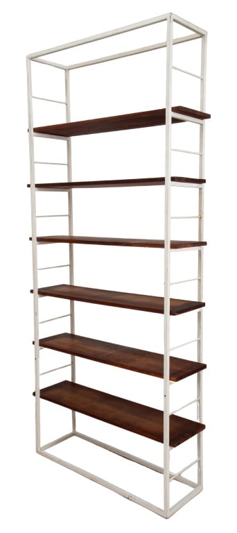 Mid-Century Industrialist Metal & Wood Etagere: Mid-Century Industrialist Etagere, with white painted metal frame and six wooden shelves. 86" H x 39" W x 12" D. Provenance: From a 1025 5th Avenue estate. Keywords: Furniture, MCM, Industrialism, She
