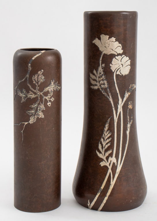 Heintz Ams Sterling on Bronze Art Nouveau Vases, 2: Pair of Heintz Art Metal Shop American Sterling Silver Inlaid Patinated Bronze Vases, taller with poppy motif and shorter with oak leaves and acorns motif, each marked to base with Heintz Ams AMHS log