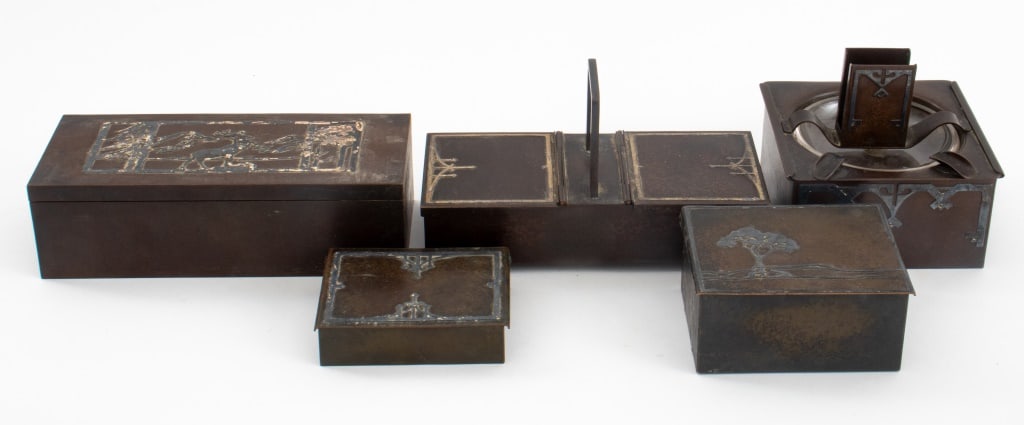 Heintz Ams Sterling and Bronze Humidors, 5: Set of Five Heintz Art Metal Shop American Sterling Silver Inlaid Patinated Bronze Humidors, one with matchbox holder and glass ashtray, one with tree motif, one double sided, one with geometric inlay