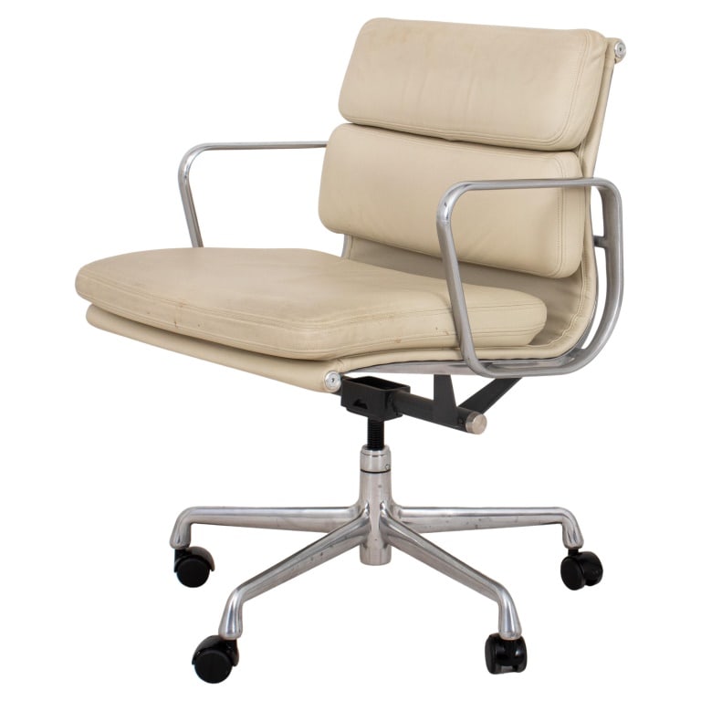 Eames Aluminum Group Soft Pad Office Chair: Eames for Herman Miller Aluminum Group Soft Pad "Executive" Low Back Desk Chair, designed 1958, with beige leather upholstery, adjustable seat, and upon five caster wheels. 33" H x 22.5" W x 21" D. Ke