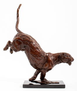 Mark Coreth "Leopard Landing" Bronze Sculpture: Mark Coreth (British, b. 1958), "Leopard Landing", Patinated Bronze Sculpture, signed and numbered edition "2/6" to base, mounted on a black marble stand. Overall: 18.75" H x 6" W x 5" D. Provenance: