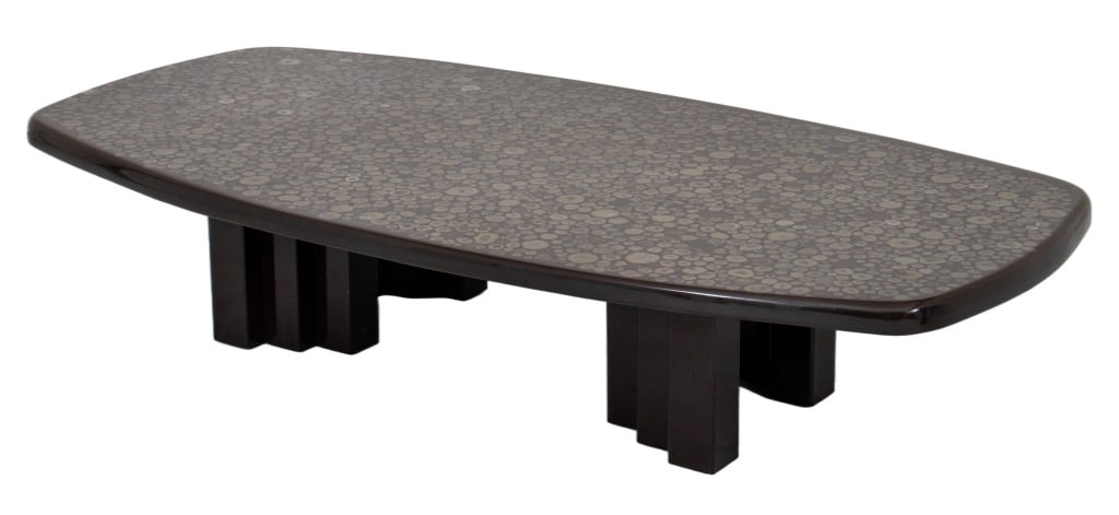 Christian Krekels Belgian Modern Coffee Table: Christian Krekels (Belgian, b. 1942) Modern Coffee Table, signed to plaque on edge, resin top with inlaid pyrite or mica above enameled steel base. 14.5" H x 70" W x 35" D. Provenance: From a Thad Hay