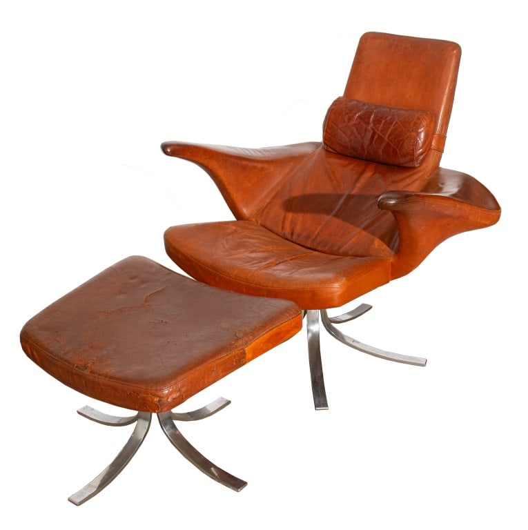 S. Eriksson & Gosta Berg "Seagull" Chair & Ottoman: Stenevik Eriksson and Gosta Berg for Fritz Hansen "Seagull" Chair and Ottoman, circa 1968, Copenhagen, Denmark, stainless steel frames and brown leather upholstery, Fritz Hansen label to underside. Ch