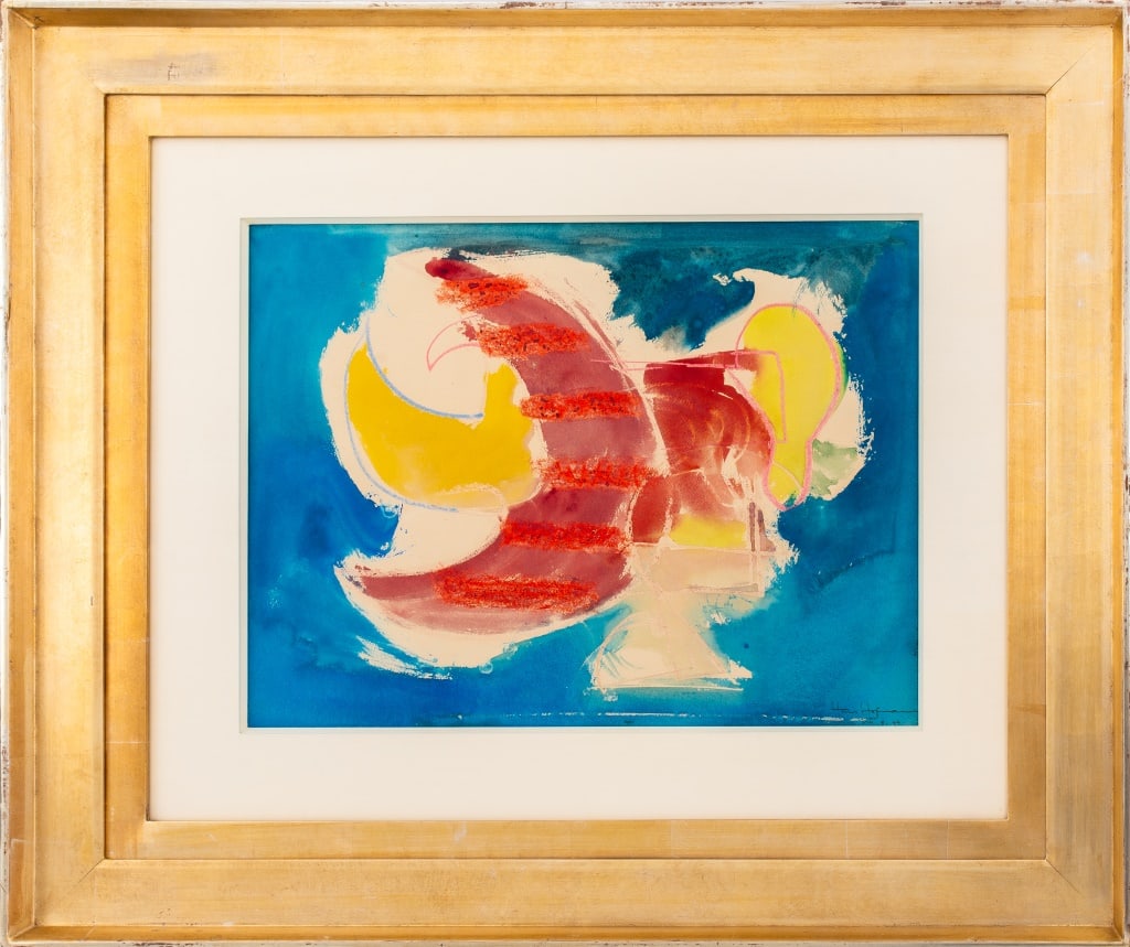 Hans Hofmann Double-Sided Watercolor on Paper, 194: Hans Hofmann (German/American, 1880-1966), "Untitled", Double-Sided Watercolor on Paper, 1944, signed and dated lower right, depicting a polychrome abstraction, gilt wood frame. Image: 17.5" H x 23" W