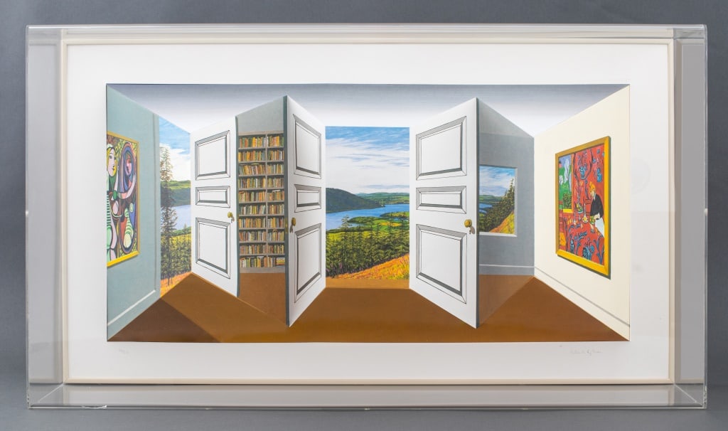 Patrick Hughes "Double Doors" 3-D Lithograph: Patrick Hughes (British, b. 1938), "Double Doors", Three Dimensional Lithograph with Hand-Coloring, 2003, signed in pencil lower right and numbered edition "32/40" lower left, acrylic shadowbox frame,