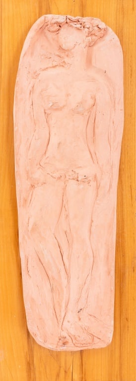 Joan Shapiro Nude Woman Ceramic Sculpture Plaque: Joan Hyde Shapiro (American, XX-XXI) Ceramic Sculpture Plaque, depicting a standing nude female figure, signed below, the relief mounted on a wooden plinth for wall mounting. Overall: 22.25" H x 8.25"