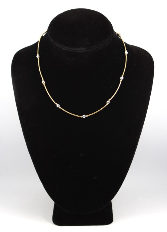 Jacmel Mauritius 14K Yellow & White Gold Choker: Modern Jacmel Mauritius 14K Yellow and White Gold Beaded Adjustable Length Choker Necklace, with spring ring clasp, marked "JCM / 14K," composed of long yellow gold barrel segments and white gold face