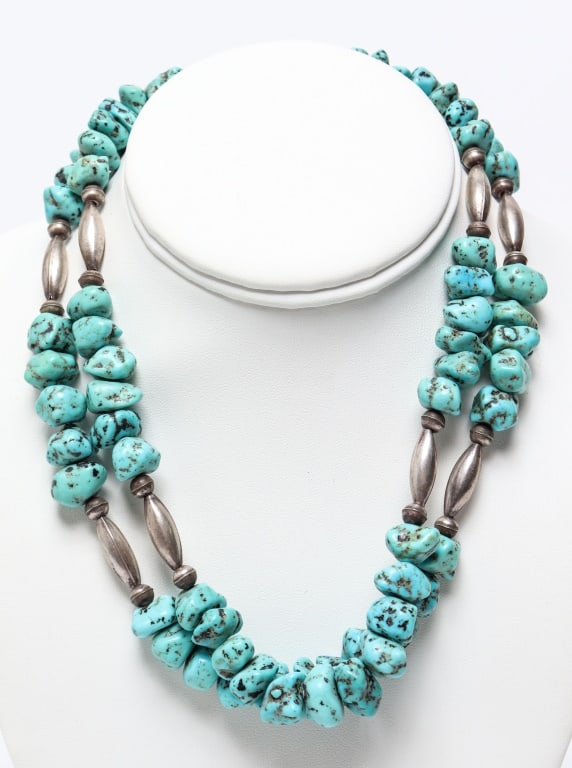 Navajo Double-Strand Silver & Turquoise Necklace (1 of 4)