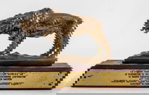 Frederick Roth Gilt Bronze Columbia Lion Sculpture: Frederick George Richard Roth (American, 1872-1944) Gilt Bronze Sculpture of a Roaring Lion, marked "FGR Roth" to rectangular base, together with wood stand with plaque "To Frank Hamilton Bowles '28 /
