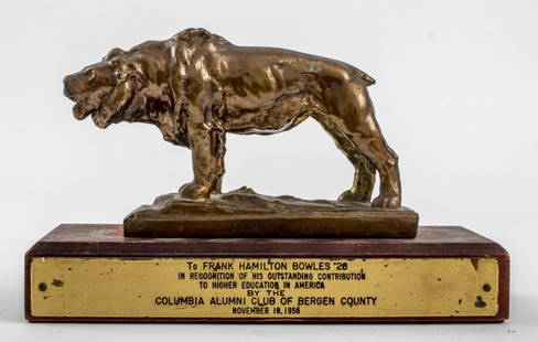 Frederick Roth Gilt Bronze Columbia Lion Sculpture: Frederick George Richard Roth (American, 1872-1944) Gilt Bronze Sculpture of a Roaring Lion, marked "FGR Roth" to rectangular base, together with wood stand with plaque "To Frank Hamilton Bowles '28 /