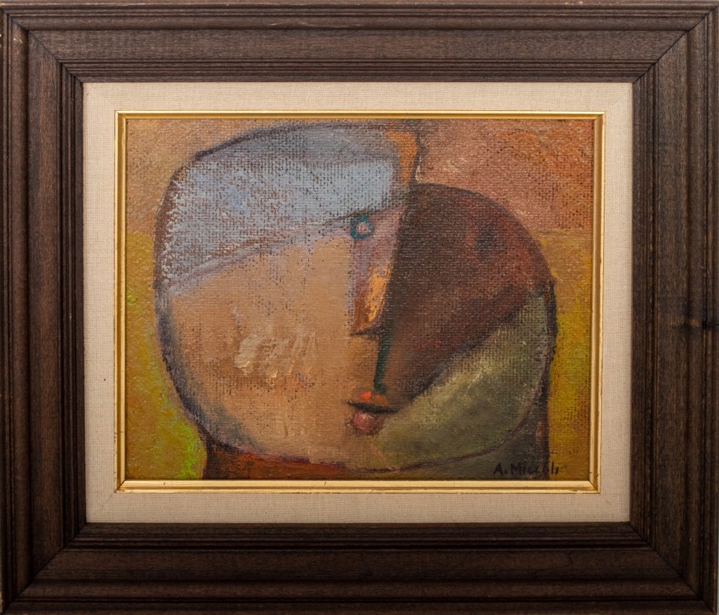 Arnaldo Miccoli "Head" Oil on Board: Arnaldo Miccoli (Italian/American, b. 1938), "Head", Oil on Board, depicting an abstracted face, signed lower right and titled and signed to verso, hardwood frame with linen and gilded borders. Image: