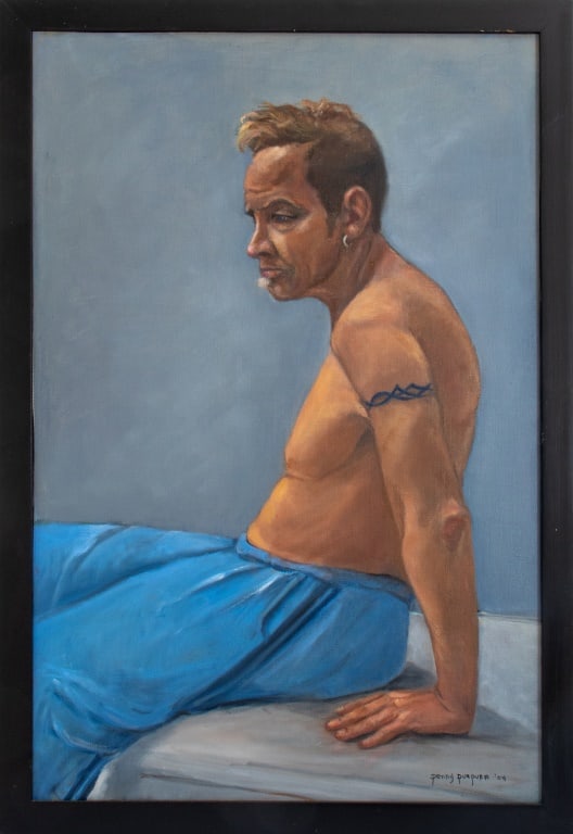 Penny Purpura Figurative Portrait Oil on Canvas: Penny Purpura (American, XX-XXI), Figurative Portrait, Oil on Canvas, 2004, depicting a seated man with blue pans, signed to lower right, ebonized wood frame. Image: 35.5" H x 23.5" W; frame: 38.75" H