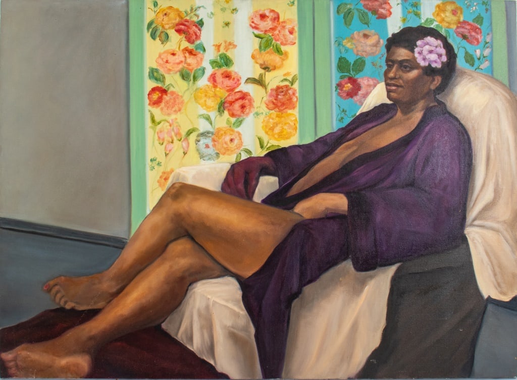 Penny Purpura Figurative Portrait Oil on Canvas: Penny Purpura (American, XX-XXI), Figurative Portrait, Oil on Canvas, depicting a seated African-American woman wearing a purple robe and flower in her hair, apparently unsigned, label to verso, unfra