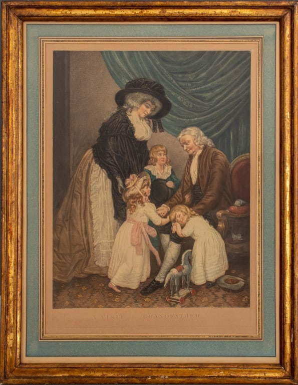 William Ward "A Visit to Grandfather" Mezzotint: William Ward (British, 1766-1826), "A Visit to the Grandfather", Mezzotint Engraving in Colors, depicting a family visiting their patriarch, giltwood frame. Image: 22" H x 18.5" W; frame: 30.5" H x 23