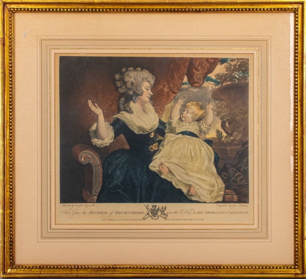 George Keating "Her Grace ..." Engraving in Colors: George Keating (Irish, 1762-1842), "Her Grace the Duchess of Devonshire and the Right Honorable Lady Georgiana Cavendish", Engraving in Colors, 1787, depicting a noblewoman with her child, from a pain