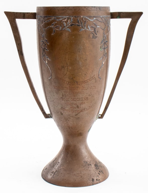 American Part Silvered Bronze Trophy, ca. 1916: American Part Silvered Bronze Double-Handled Vasiform Trophy, circa 1916, the front engraved "Graveyard Tournament / Monmouth County Golf Club / Presented / By / W. H. Mickens / July 15, 1916 / Won by