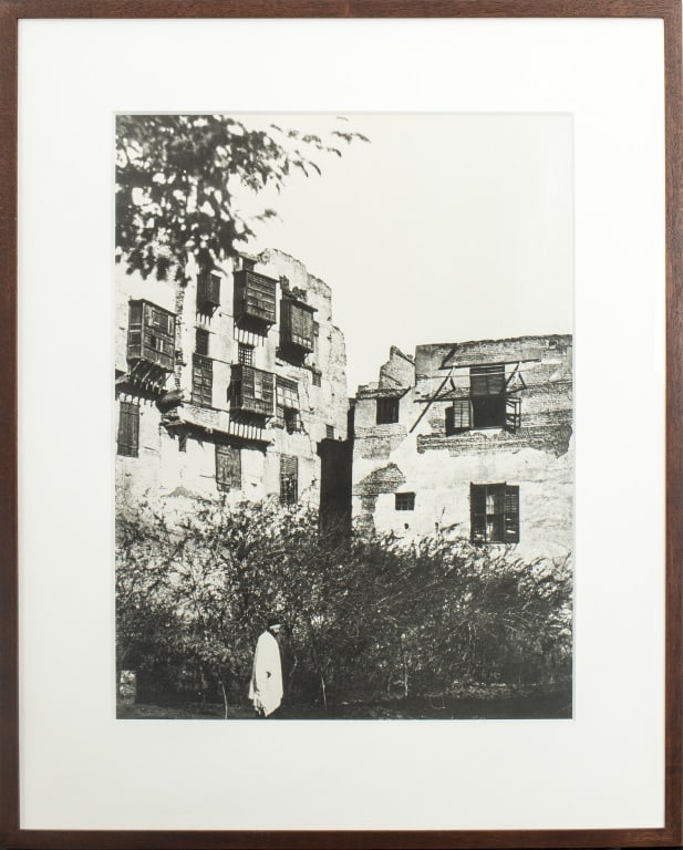 Figure in Landscape Gelatin Silver Print: Figure in Landscape, Black and White Gelatin Silver Print, an image of figure walking among decaying or bombed structures. Image: 20.5" H x 15.75" W, frame: 29" H x 23.5" W. Provenance: From a New Yor