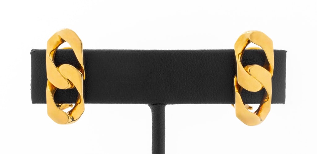 Cartier 18K Yellow Gold Chain Link Earrings: Cartier 18K Yellow Gold Chain Link Earrings, featuring two solid 18K yellow gold links, worn on earlobes as clip-on earclips with omega backs, these clips are not designed to be worn through pierced e