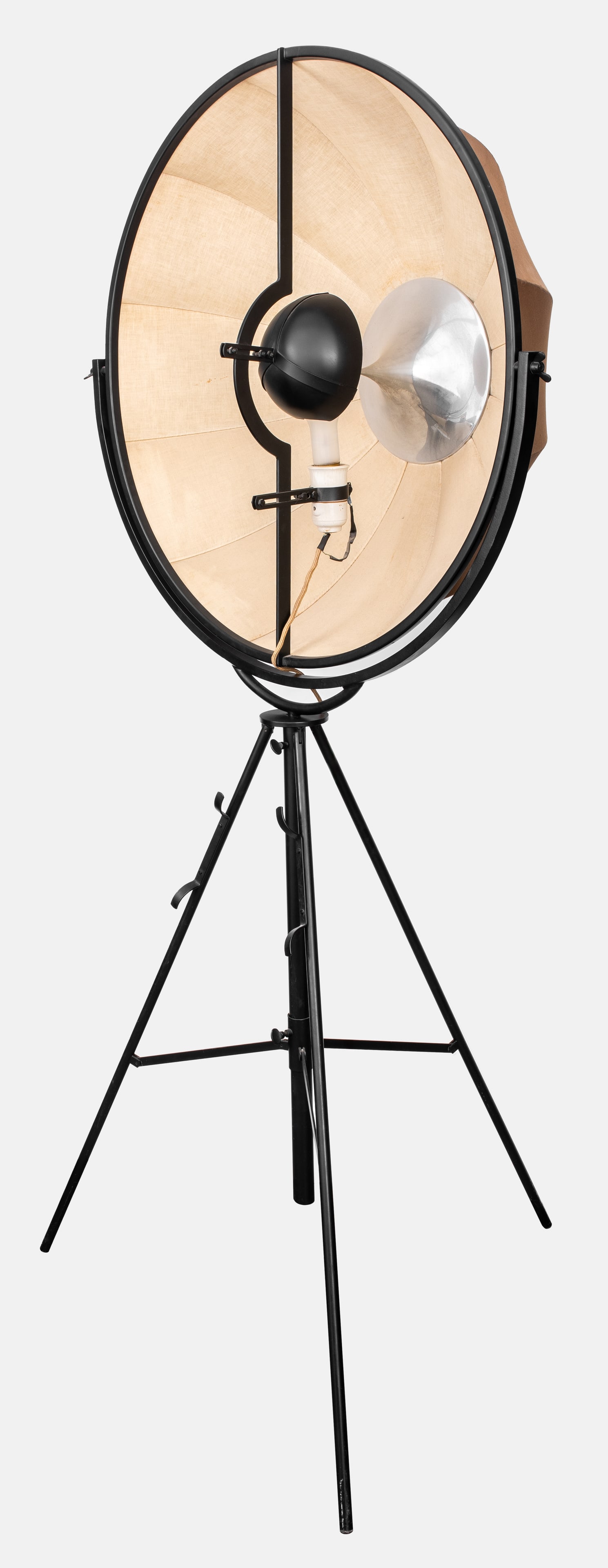 Mariano Fortuny & Pallucco Fortuny Floor Lamp: Mariano Fortuny and Madrazo Pallucco Fortuny Floor Lamp, designed 1985, black lacquered and nickel-plated metal, cream white and beige cloth fabric. 77" H x 38.5" W x 36.75" D (adjustable). Provenance